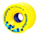 The Orangatang Stimulus Wheel, in a vibrant yellow with a blue inner hub, showcases blue and green checkered designs with the text "orangatang stimulus," highlighting its dynamic appeal.