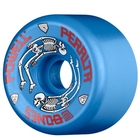 This Powell Peralta G-Bones 64mm x 97a blue skateboard wheel showcases a vivid skeleton graphic, accompanied by "Powell Peralta" and "Bones" boldly printed in red around the center, offering both performance and style as part of the highly sought-after series.